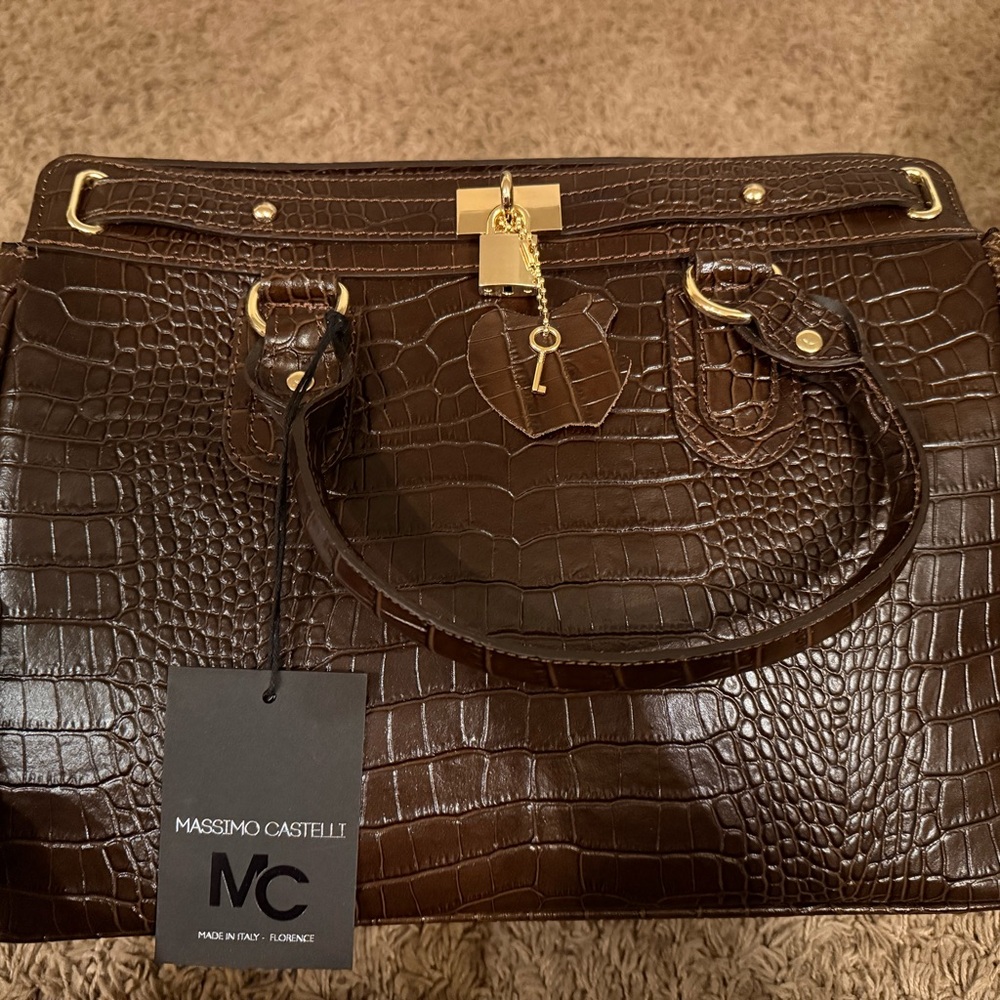 Massimo Castelli Brown Croc-Embossed Leather Bag